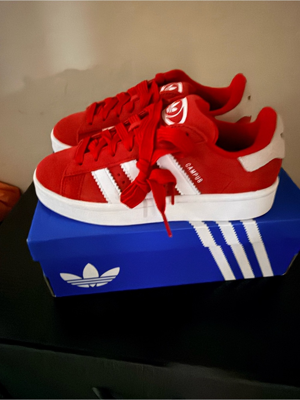adidas Campus Women’s s Red Suede with White 3-Stripes - Picture 2 of 5